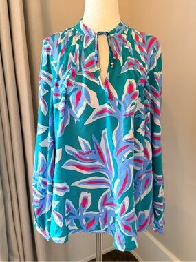 Teal Floral Print Long-Sleeve Women's Top